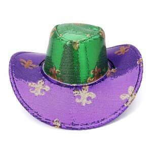 Green & Purple Sequin Mardi Gras Fedora Cowboy Hat